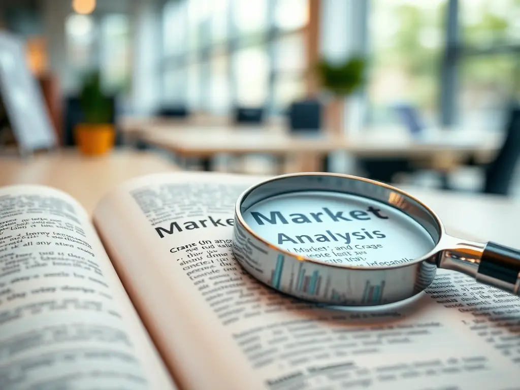 A focused image of a dictionary opened at a page defining 'Market Analysis, ' with a magnifying glass highlighting key terms. The setting is a modern office with soft, natural light.