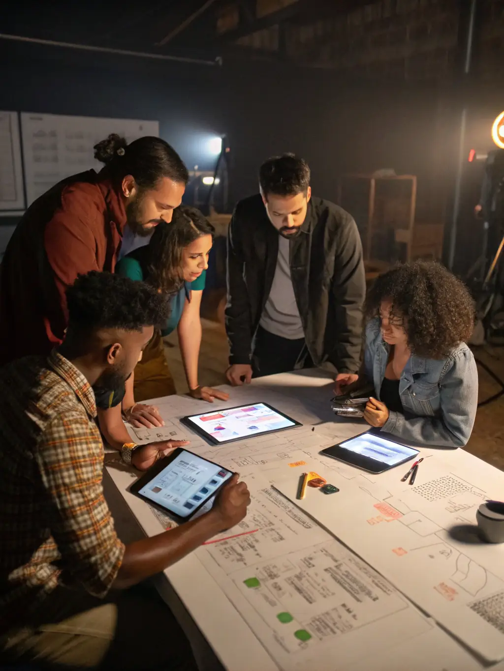 A diverse group of professionals collaborating in a modern office space, brainstorming ideas on a whiteboard.