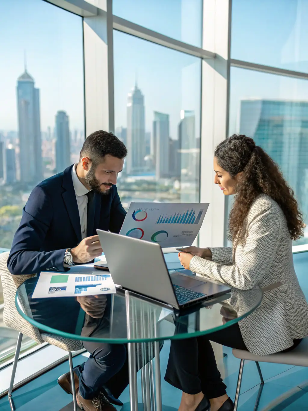 An image of a business coach consulting with entrepreneurs, with charts and laptops on the table.