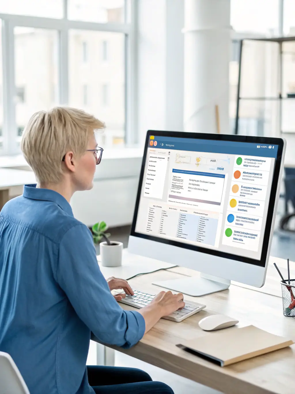 A person analyzing marketing data on a laptop, with charts and graphs displayed on the screen.